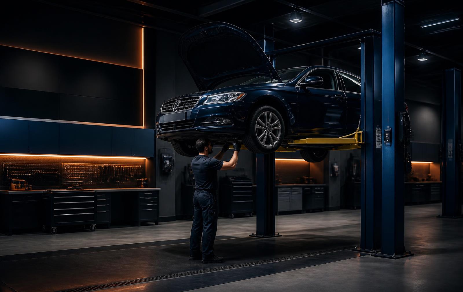 Automotive technician inspecting a vehicle on a lift in a professional service bay